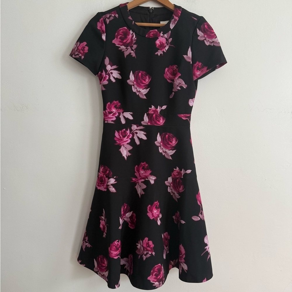 Kate Spade Dress Short Sleeve Encore Rose Crepe Floral A-Line Flare size 0